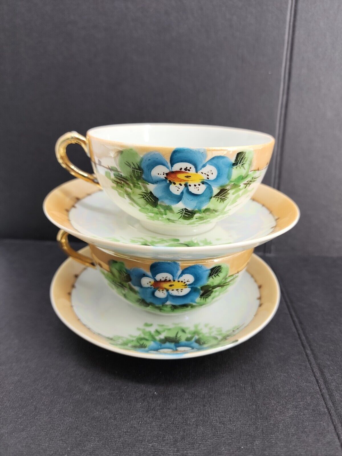 Vintage Lusterware Tea Cups And Saucers Blue Floral Set Collectible Glassware