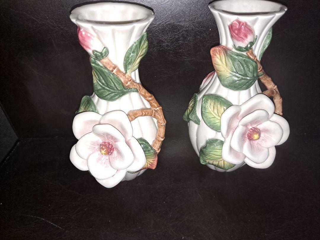 Fitz And Floyd Blushing Rose Lot Of Two Medium Vases Mint Free Shipping!