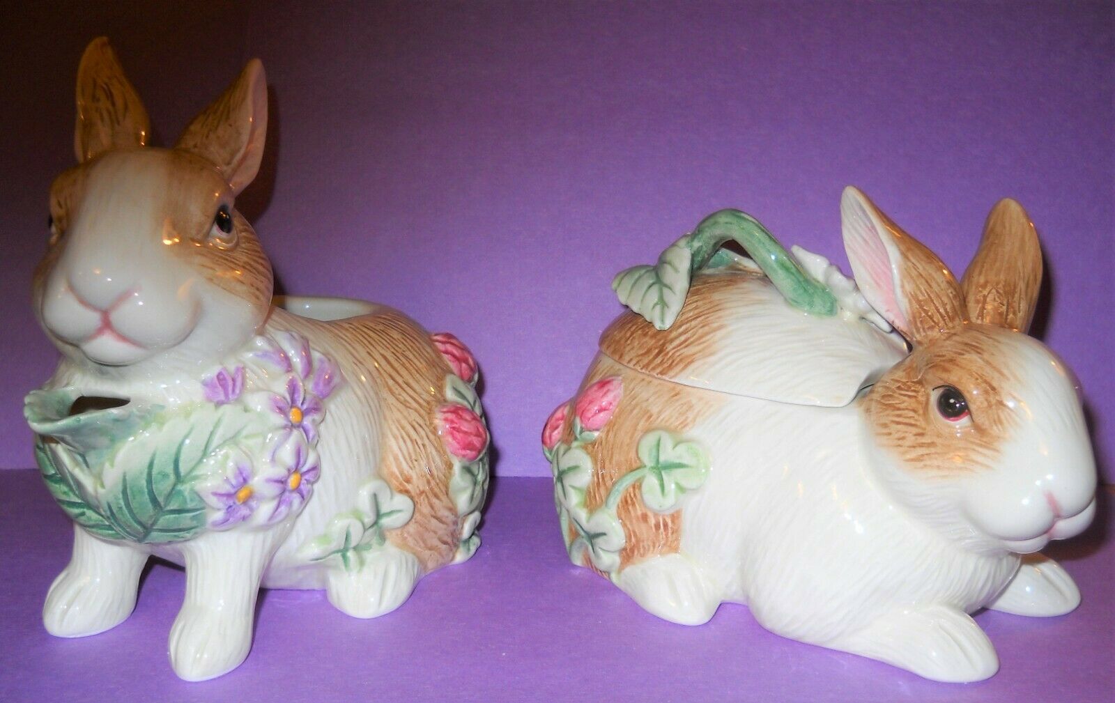 Fitz And Floyd Botanical Bunny Sugar And Creamer W/ Spoon Mint Condition In Box