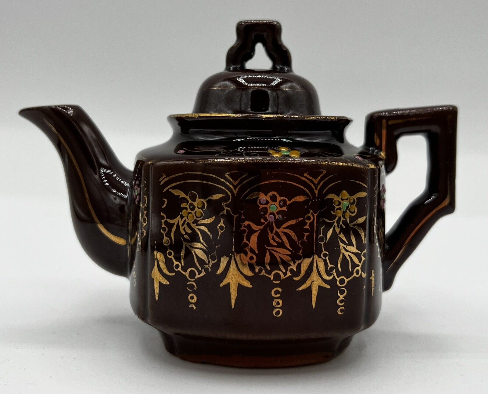 Brown Betty Teapot Japan Redware Hand Paint Pottery Moriage Style Enamel Vtg Euc