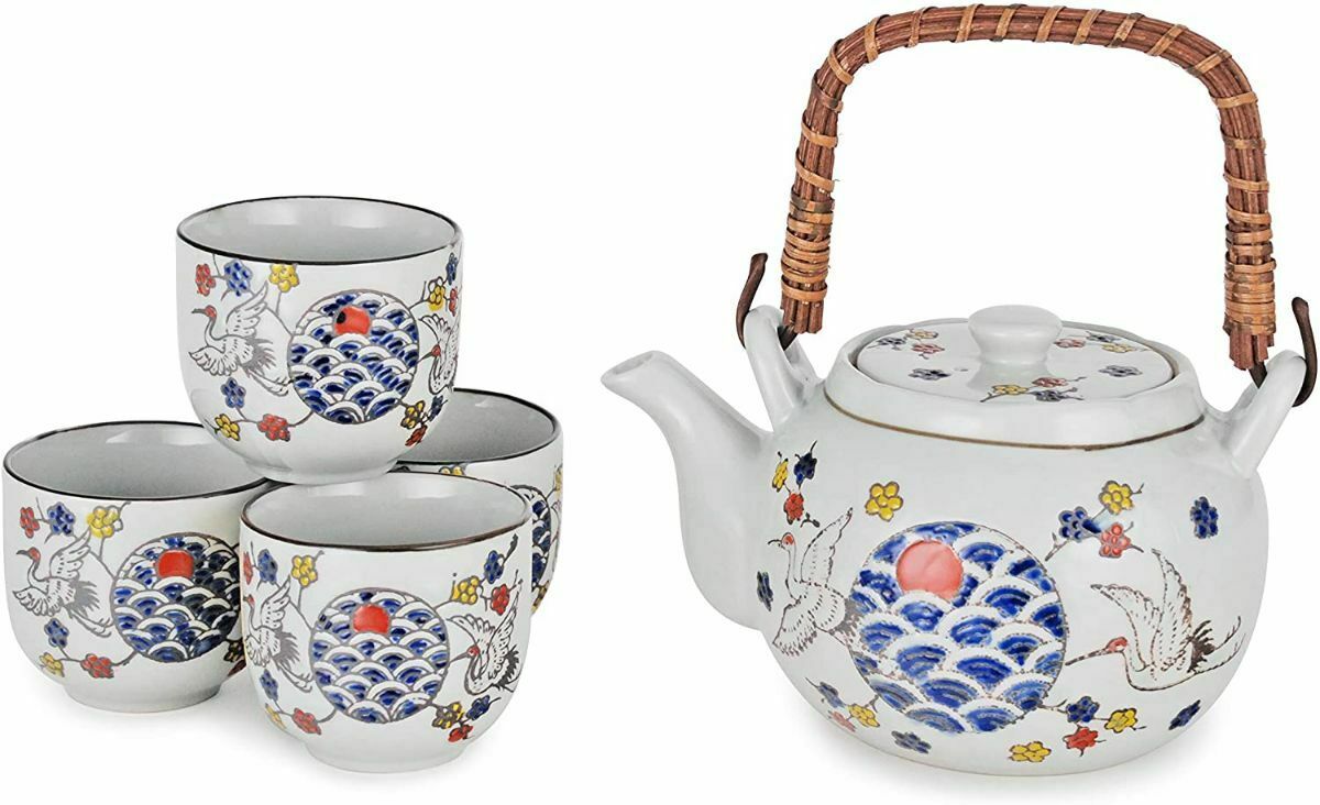 Japanese Tea Set Porcelain 22 Oz Rattan Handle 4 Cups Strainer (japanese Crane)