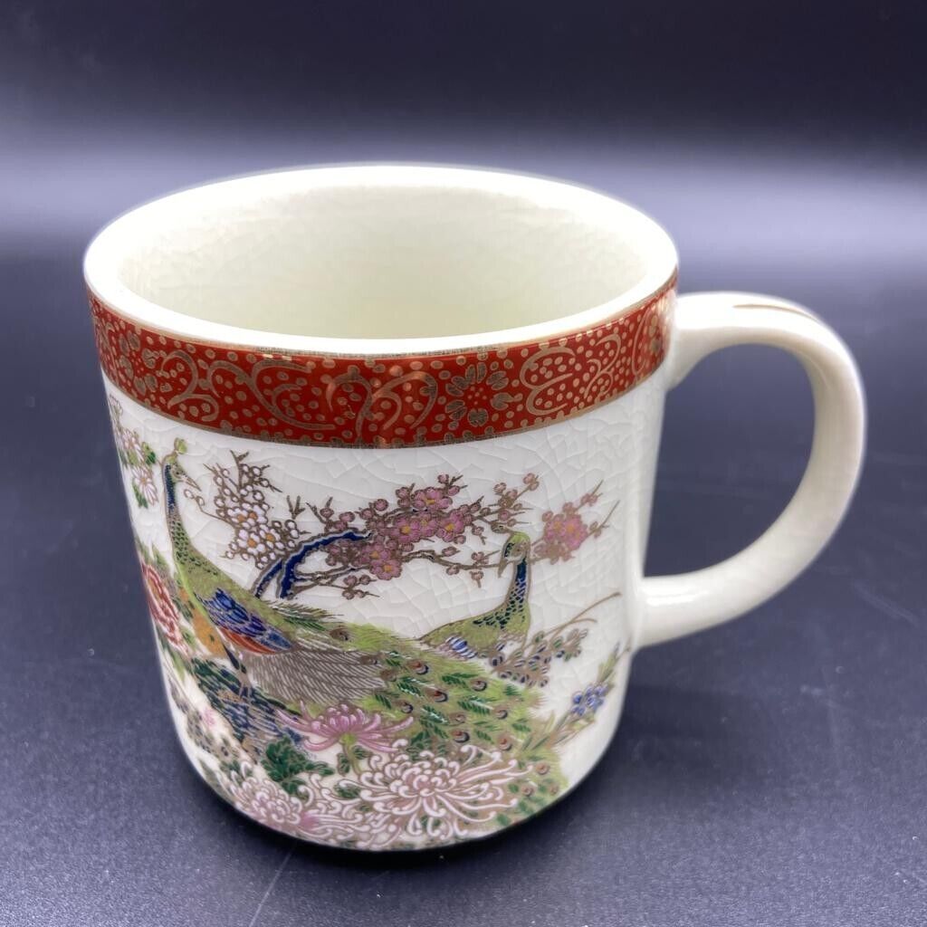 Two Vintage Satsuma Mugs Japanese Pottery Peacocks Bird Flower Oriental Asian