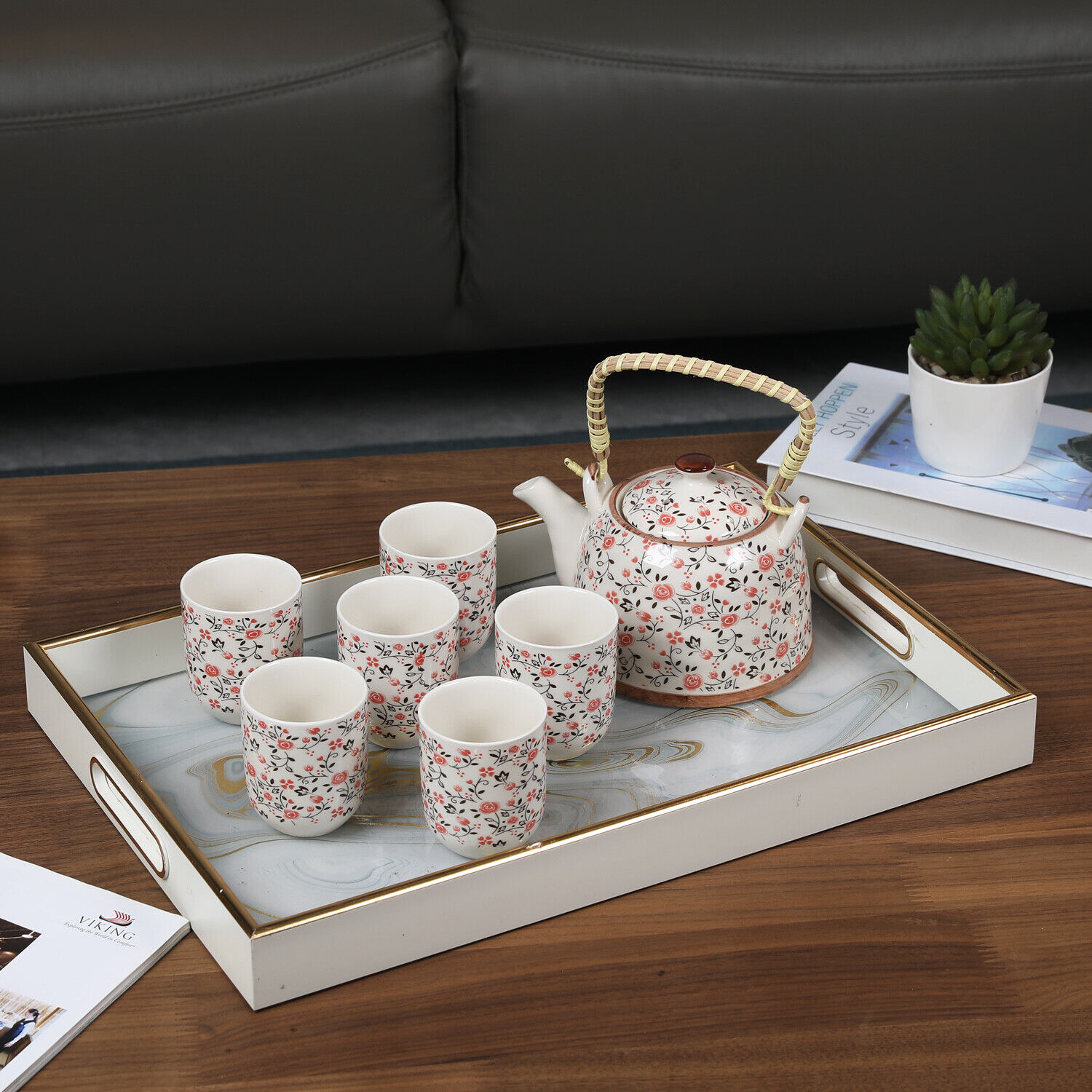 7 Pcs Pink Rose Design Ceramic Tea Set, W/ Bamboo Handle Teapot & Leaf Strainer