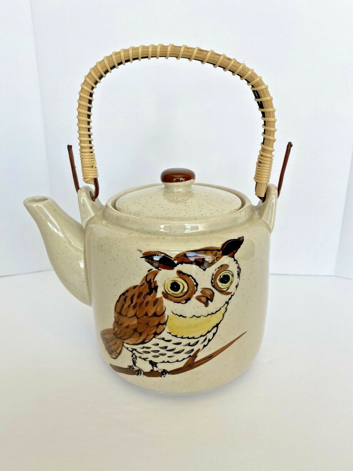 Speckled Ceramic Teapot With Hand-painted Owl And Bamboo Handle Vintage